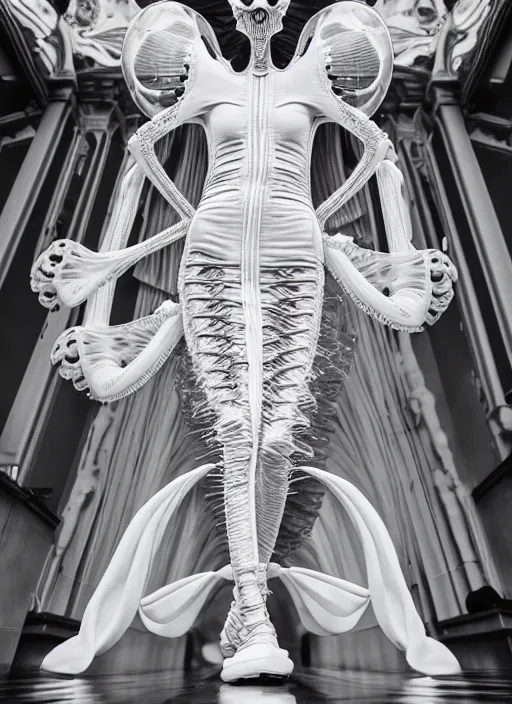 Prompt: walking down the catwalk, steven klein, show, stage, vogue photo, podium, fashion show photo, historical baroque dress, iris van herpen, beautiful woman, full body shot, masterpiece, inflateble shapes, alien, predator, guyver, jellyfish, white biomechanical details, highly detailed