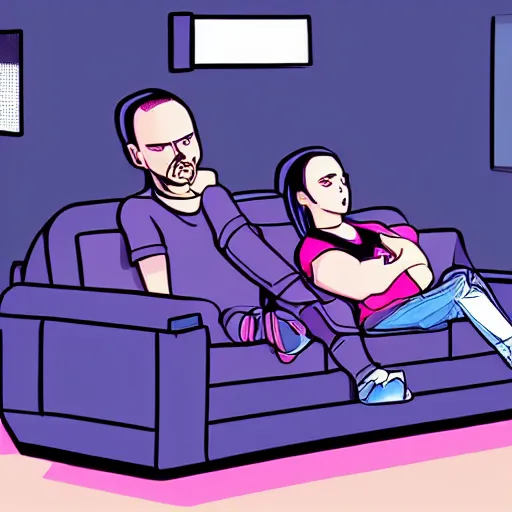 Prompt: a digital art of jessie pinkman and jessie pinkman, sitting on two sofas, watching tv, holding hands, back to the camera, storybook art, detailed, profile shot, featured on artstation