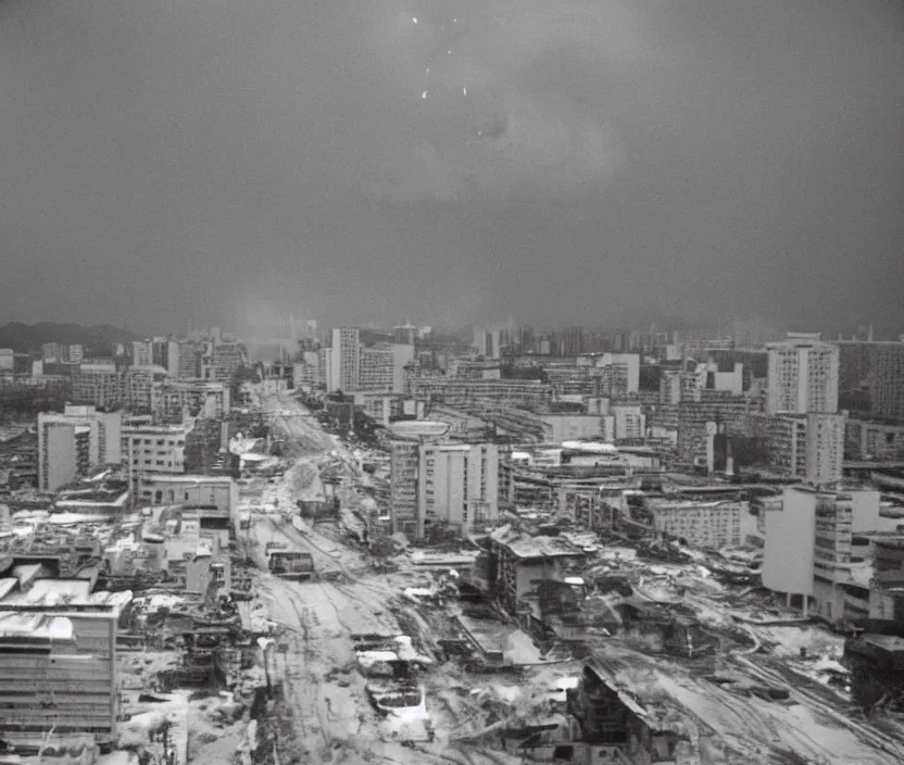 Image similar to Pulgasari the North Korean starfish monster destroying Pyongyang city, volumetric lighting, filmstill, produced by Kim Jong-il, Kodachrome, kaiju-eiga, monster! movie, communist propaganda, film noir, 35mm film grain, Cooke Varotal 20-100mm T3.1, in the style of Ishirō Honda and Stanley Kubrick