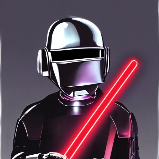 Image similar to Daft Punk inspired robot character, red lightsaber, space, star wars, retrowave, vaporwave, black cloak, concept art, arstation, award winning art by