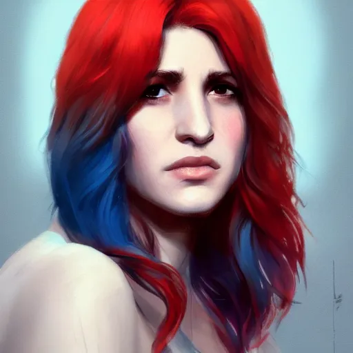 Image similar to Aya Cash with red and blue ombre hair, illustrated by Greg Rutkowski, 4k, 8k, photorealistic portrait imagery, dappled lighting, trending on artstation, artstationHQ, artstationHD.