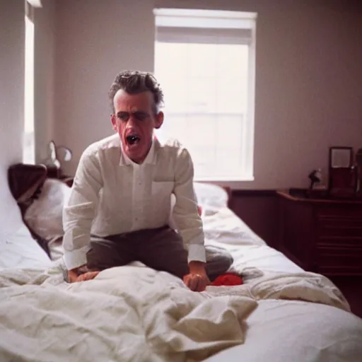 Image similar to jordan peterson crying while making his bed. portra 4 0 0.