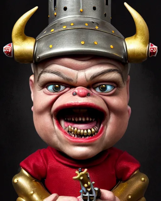 Image similar to highly detailed closeup, face profile portrait of a tin toy matt damon as a medieval demon with horns eating cakes in a castle, hyper realistic, artstation, illustration, nicoletta ceccoli, mark ryden, lostfish, dan decarlo, bob clampett, max fleischer, digital paint, matte paint, vivid colors, detailed and intricate environment