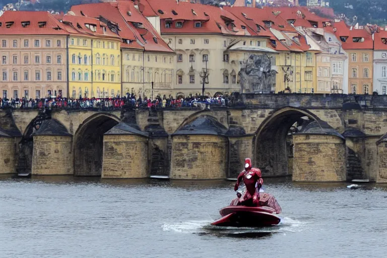 Prompt: richard gere plays iron man, flies over charles bridge in prague