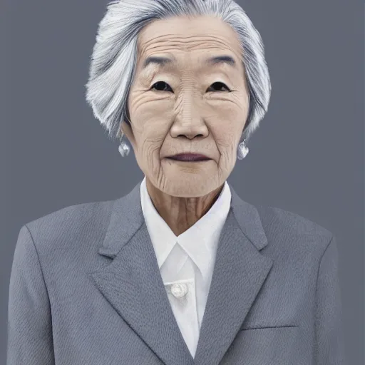 Prompt: portrait of an elderly Japanese woman dressed on a suit and tie, her gray hair in a tight bun, a serious expression on her face, digital art, elegant pose, illustration