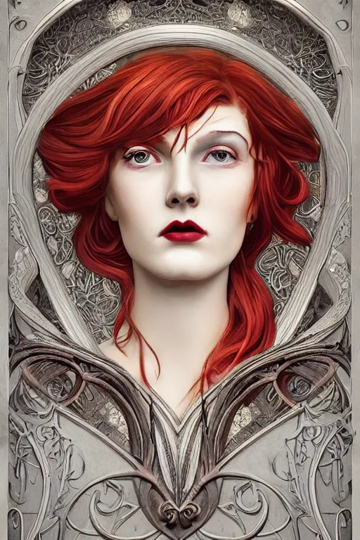 Image similar to art nouveau goddess face and red hair : : horror : : framed in art nouveau scroll work : : perfect female face : : vfx, postprocessing, cgsociety, 8 k, high resolution, enhanced 8 k render, sharp details, hyperrealistic, cinematic, moody, insane details, high resolution, movie concept art