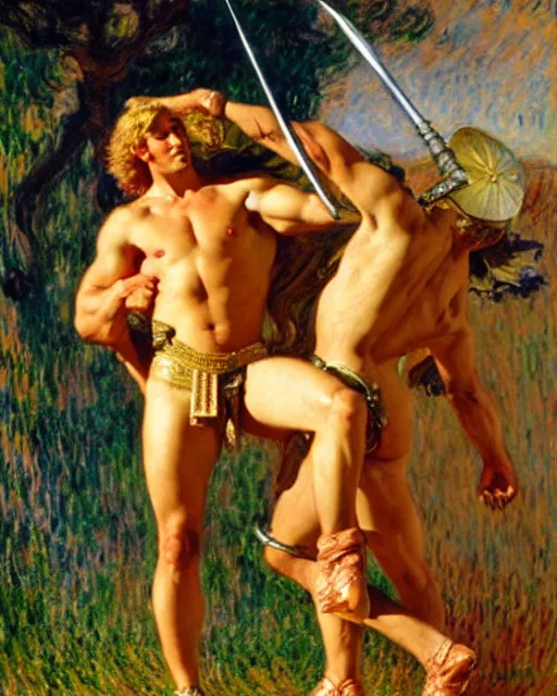 Prompt: heroic alexander the great stands upon the mighty and fallen achilles, he is victorious and gleeful, painting by tom of finland, gaston bussiere, craig mullins, j. c. leyendecker, claude monet