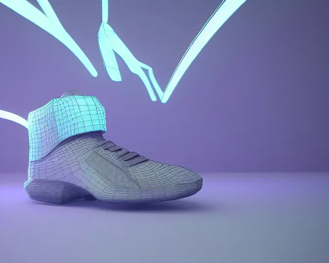 Image similar to A 3D model of of futuristic nike sneakers with neon lights from below, highly detailed, award winning, unreal engine 5