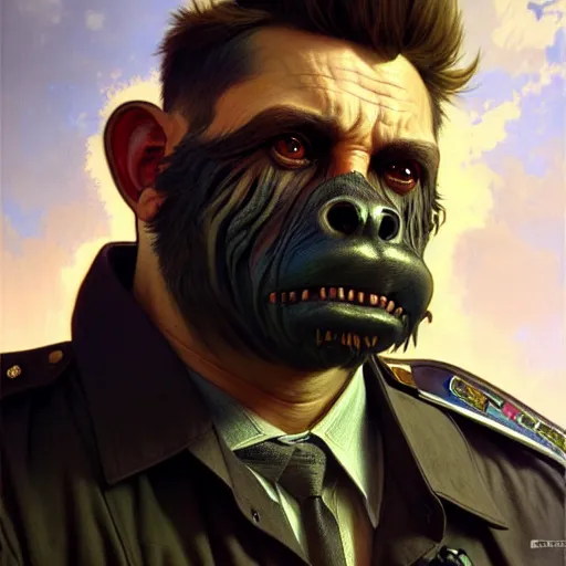 Prompt: portrait painting of a friendly bugbear police officer, ultra realistic, concept art, intricate details, eerie, highly detailed, photorealistic, octane render, 8 k, unreal engine. art by artgerm and greg rutkowski and magali villeneuve and alphonse mucha