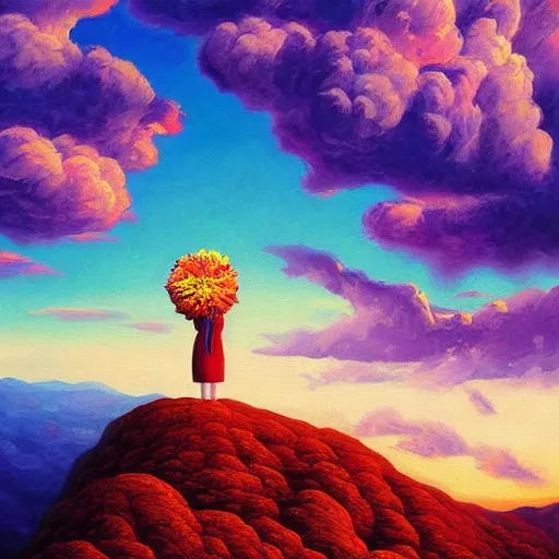 Image similar to giant flower head, frontal, woman standing on mountain, surreal photography, stormy sky, colorful clouds, impressionist painting, digital painting, artstation, rob gonsalves