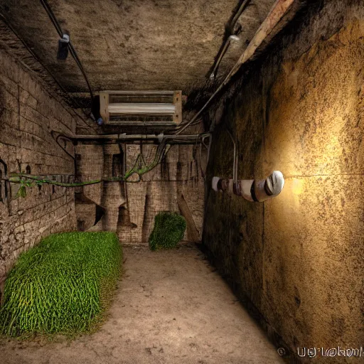 Image similar to you wake up on a cold bench, you look around. you find out that you are locked inside a musky cold abounded cellar with vines, moss and mushrooms growing around you, realistic, hdr, clear image, hdd, rtx on, dynamic lighting,