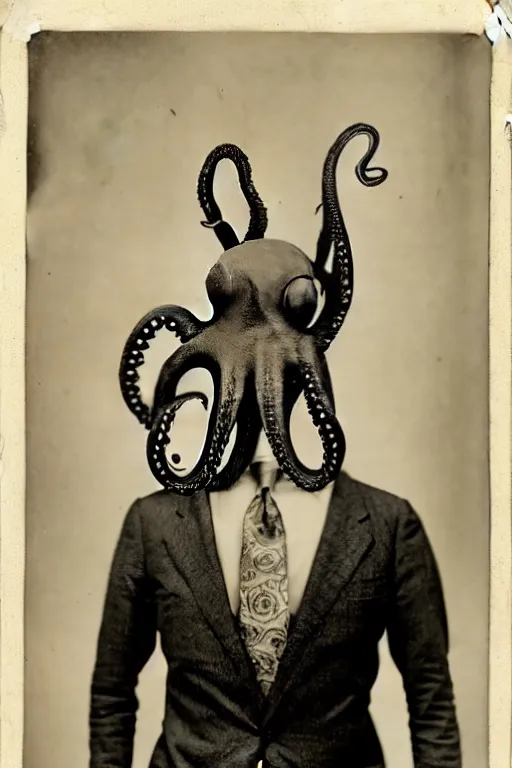 Image similar to anthropomorphic octopus , wearing a suit, tentacles spilling out of the collar, vintage photograph, sepia