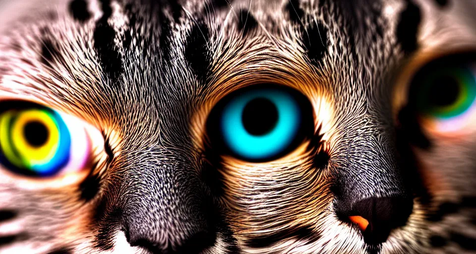 Image similar to up close fisheye lens photo of a cats face, macro photography, complementing colors, film