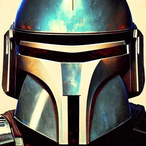 Image similar to the mandalorian, portrait, concept art by doug chiang cinematic, realistic painting, high definition, concept art, portait image, path tracing, serene landscape, high quality, highly detailed, 8 k, soft colors, warm colors, turbulent sea, high coherence, anatomically correct, hyperrealistic, concept art, defined face, symmetrical 5