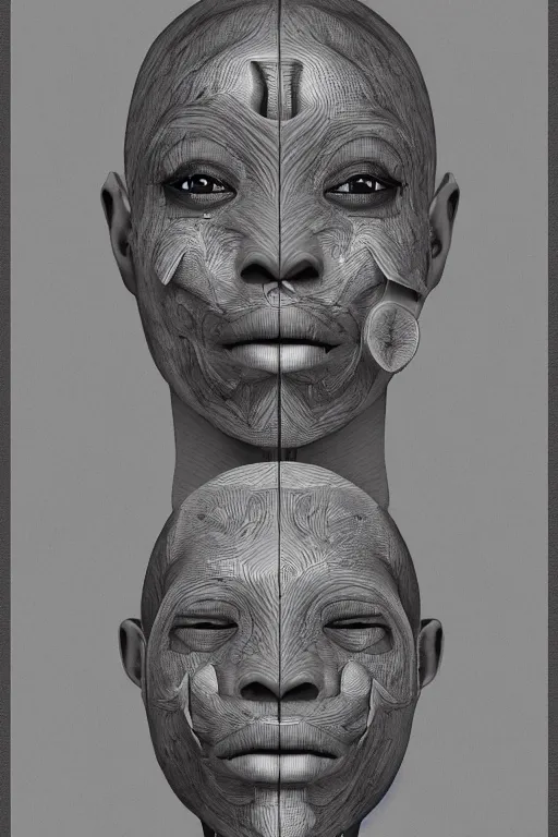 Image similar to african facial anatomy with gunmetal grey skin, medical anatomy, very symmetrical face, highly detailed, three - perspective / three - view reference sheet ( front / back / side ), in the style of dan ouellette, steven jung, amanda lilleston, hr giger, sil from species, dren from splice, mecha, artstation, unreal engine