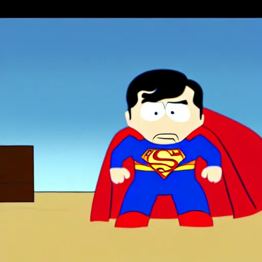 Image similar to superman in southpark. movie still.