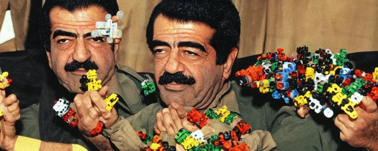 Image similar to saddam hussein playing with bionicles