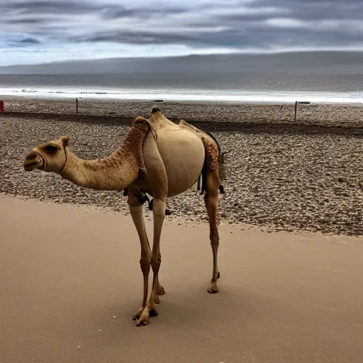 Prompt: a three legged camel at the seaside