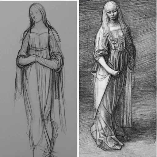 Image similar to of leonardo davinci drawing a beautiful girl from today wearing modern clothes and 2 1 st century fashion 2 0 2 2 lots of loose sketches