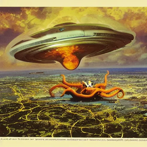 Prompt: wide angle view, thundra ufo crash site, team of scientists studying captured alien octopus, by bruce pennington