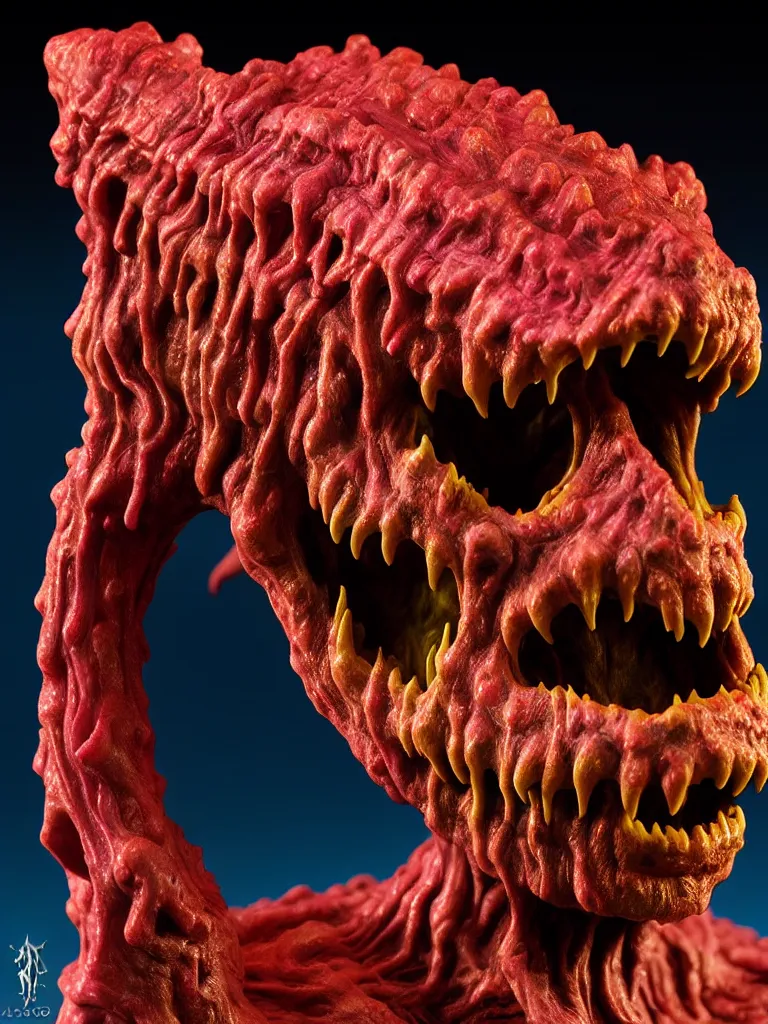 Image similar to hyperrealistic subsurface scattering rendering, fat smooth wet cronenberg flesh monster kaiju with smooth skull and ribcages kaiju by art of skinner and richard corben and jeff easley, product photography, action figure, sofubi, studio lighting, colored gels
