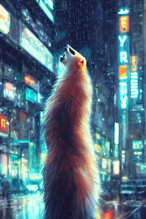 Image similar to beautiful portrait of a tall white female anthro fox smoking a cigarette while standing head and shoulders taller than the bustling crowd of a rainy city street, cyberpunk, harsh neon lights, highly detailed, sharp focus, digital painting, illustration, trending on artstation, art by sakimichan, wlop, greg rutkowski