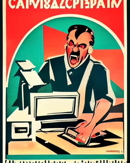 Image similar to soviet propaganda poster of an angry communist developer yelling at his computer