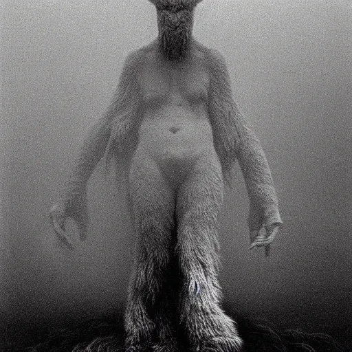 Image similar to vintage photography of realistic faceless beast-god with many long arms, a huge body covered with deep furs by Zdzisław Beksiński, odd eye, dark fantasy, fat, unbalanced , blur, haze, fog, vignetting, platinum printing