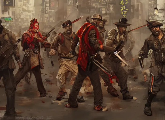 Prompt: concept art of cata dressed asian assassins gang in action killing people in the crowded streets of hong kong, cats dressed men, highly detailed painting by craig mullins, 4 k resolution, trending on artstation, 8 k, man dressed as a chicken