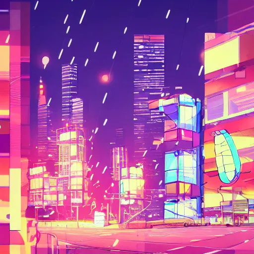 Image similar to abstract city street buildings fragments and neon signs floating, night, big moon trending on pixiv fanbox