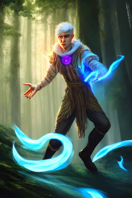 Prompt: a human elemental sorcerer, forest setting, colorful magic, male, white skin, young, sharp focus, concept art, dynamic lighting, unreal engine, by kyle herring