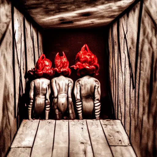 Prompt: Little devil crowd in the attic, dark, shadows, night, 8k Photography