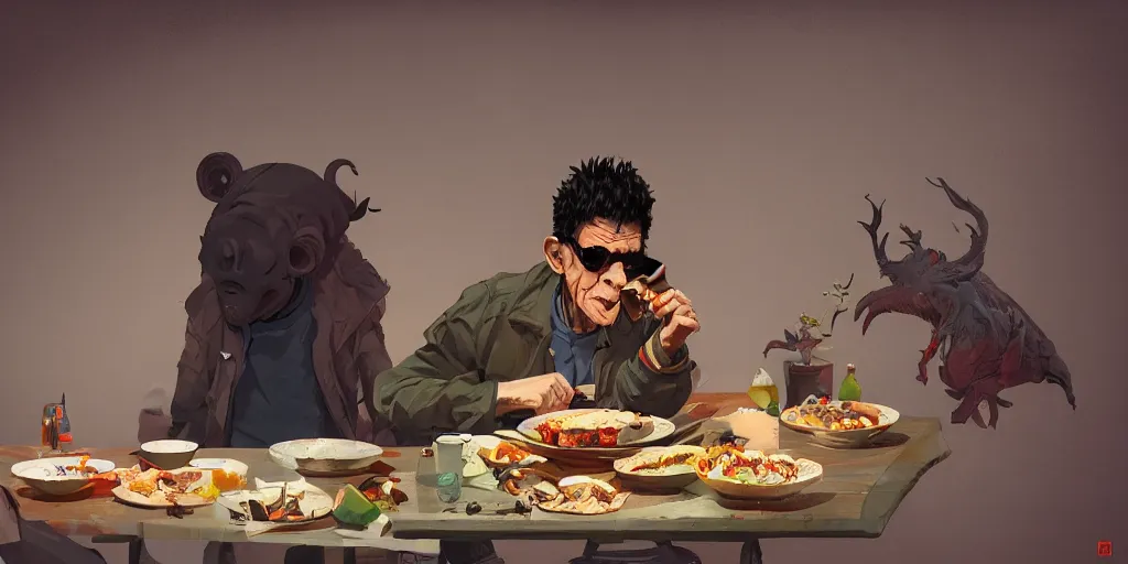 Image similar to cartoonish lou reed eating dinner, vivid colors, character sheet, fine details, concept design, contrast, kim jung gi, greg rutkowski, trending on artstation, 8 k, full body, turnaround, front view, back view, ultra wide angle