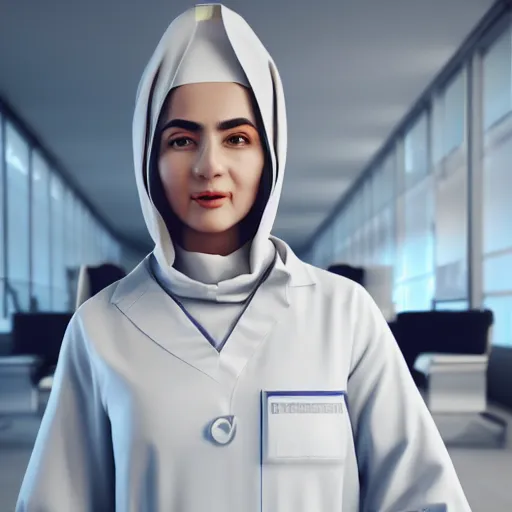 Image similar to A proud and happy Afghan girl working as a surgeon in a futuristic hospital, digital art, unreal engine 5, cinema4D, octane render, Detailed, cinematográfic