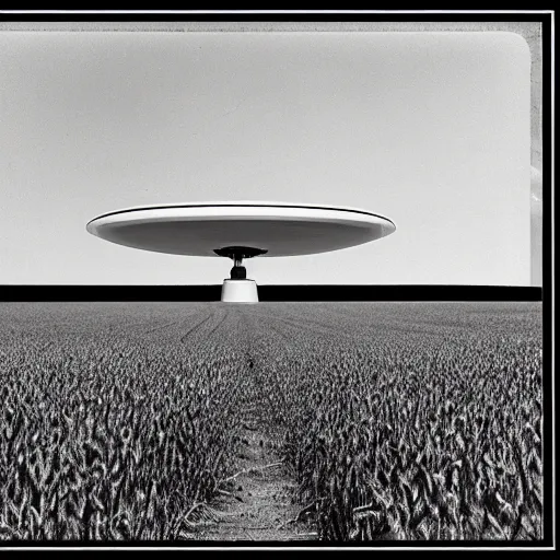 Image similar to a picture of an ufo above an wheat field, black and white, 1 9 2 0's, pictorialism