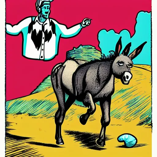 Image similar to illustration of a donkey chasing a human, highly detailed, by butcher billy