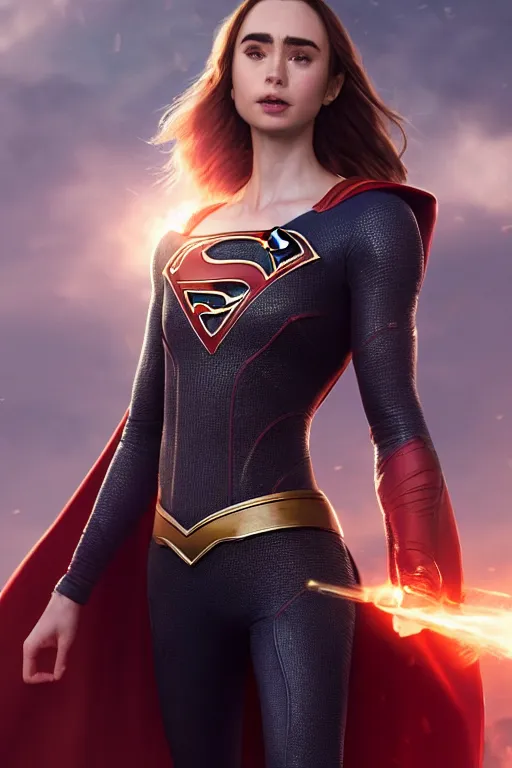 a fancy close up of Lily Collins as Supergirl full | Stable Diffusion