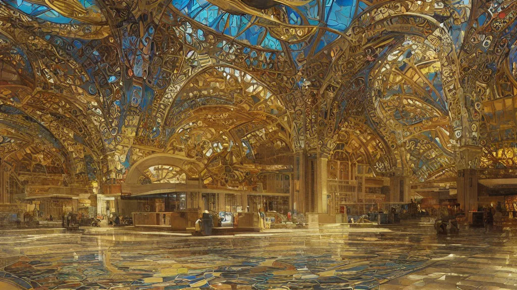 Image similar to a beautiful painting of an ornate airport designed by frank lloyd wright, with gold and mosaics, intricate, elegant, highly detailed, digital painting, artstation, concept art, by krenz cushart and artem demura and alphonse mucha