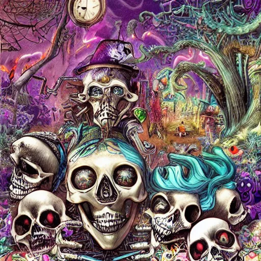 Prompt: lost in wonderland with skeletons surfing on hypercomplex brainwaves, a grand scale dystopic event of clockwork phantasmagoria by giger and lisa frank and mike deodato