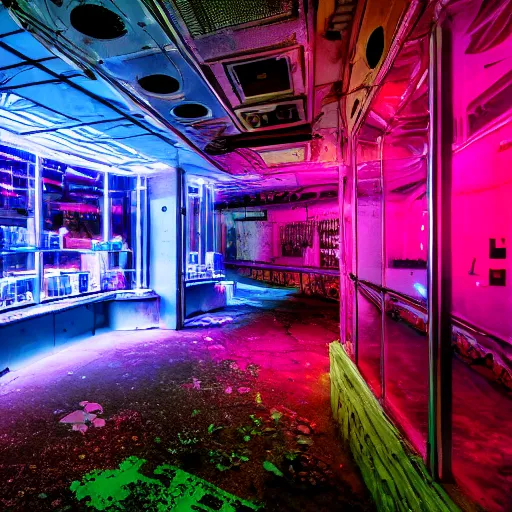 Prompt: futuristic, neon, intricate, vaporwave, hd 8 k, nature photography, abandoned, overgrown, candy shop