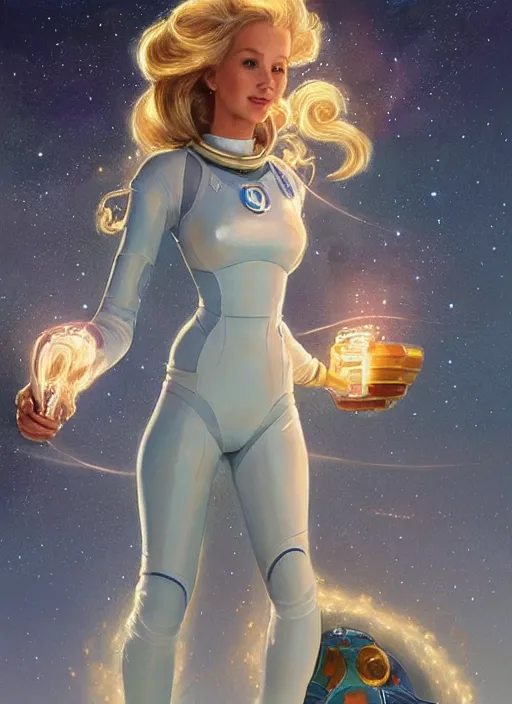 Image similar to beautiful space cottagecore, princess rosalina!!! by ilya kushvikov, holding a rocket wearing a scifi jetsuit, intricate, elegant, bioluminescent, highly detailed, digital painting, artstation, concept art, smooth, sharp, focus, illustration, art by artgerm and greg rutkowski and alphonse mucha