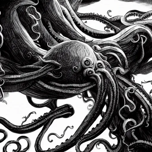 Image similar to kraken devours the ship in the exact style of kentaro miura, 4 k, 8 k, absolute detail of even the smallest details and particles, beautiful shadows, beautiful art, black and white drawing, high rendering of details of faces and characters