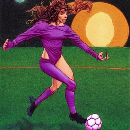 Image similar to a succubus playing soccer, colorful Epic portrait by james gurney and mœbius.