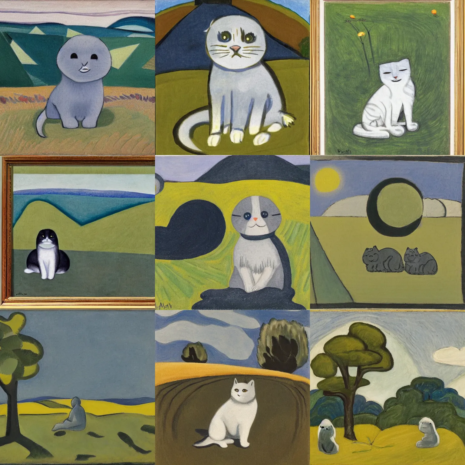 Prompt: a gray scottish fold sitting in the middle of sunny meadow, by arthur dove