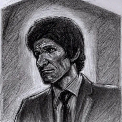 Prompt: todd howard courtroom sketch, bethesda, charcoal on paper