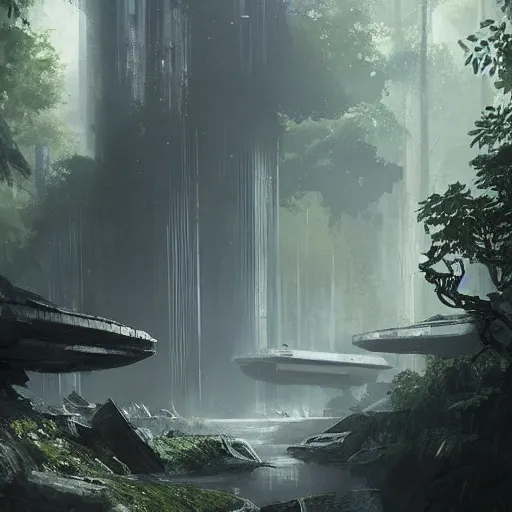 Image similar to star wars concept art by greg rutkowski, a brutalist military base of the galactic alliance in the middle of a jungle near to a lake, cinematic midday light, heroic atmosphere, artstation hq.