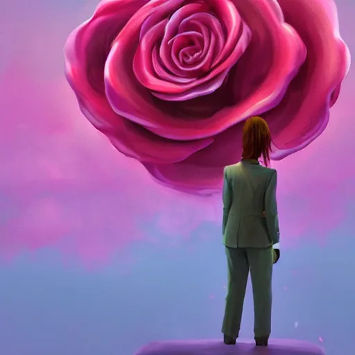 Image similar to closeup, giant rose flower face, frontal, girl in a suit, surreal photography, sunrise, dramatic light, impressionist painting, digital painting, artstation, simon stalenhag