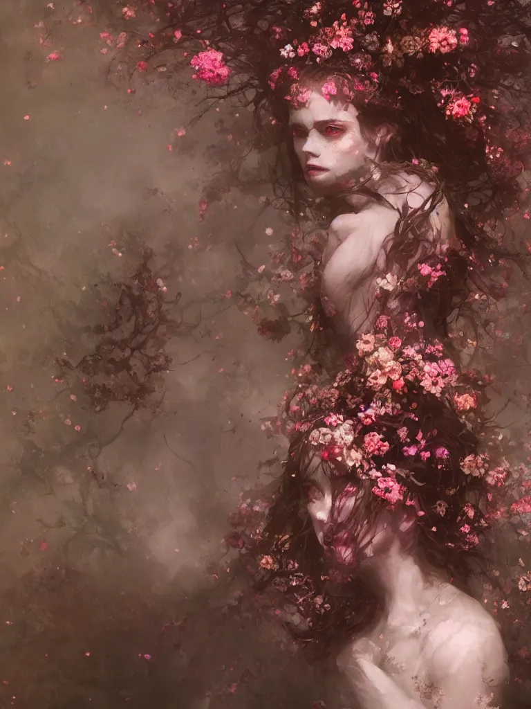 Image similar to a beautiful terrifying girl made of flowers. ethereal horror fantasy art by greg rutkowski and magali villanueve and monet, concept art, smooth, cinematic lighting, 8 k resolution