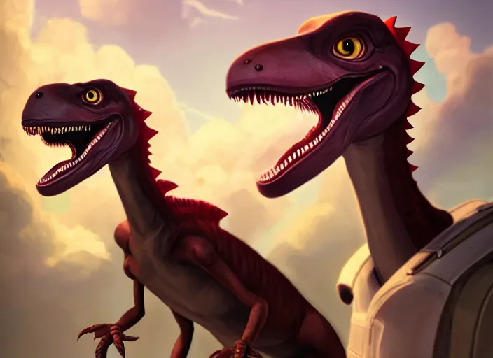 Image similar to character portrait feature of the anthro male anthropomorphic velociraptor dino fursona wearing airline pilot outfit uniform professional pilot character design stylized by charlie bowater, ross tran, artgerm, and makoto shinkai, detailed, soft lighting, rendered in octane, maldives in background