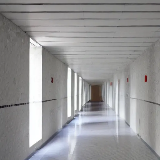 Image similar to photo of a vast interior space of irregular rooms and corridors. ceramic white tiles on all the walls.